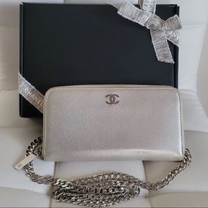 COPY - CHANEL leather zipper wallet with beautiful heavy silver chain.